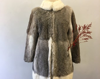 Rabbit fur coat * Vintage 1960s zip-up fur jacket * 60s silver & white patchwork coat