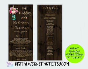 DIY Rustic Wedding Program Template, Floral Boho Mason Jar, DIY Floral Bohemian Wedding, Editable PDF Instant Download,Boho, Country Wedding