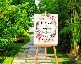 Boho Baby Shower Welcome Sign, Customized Bohemian Large Baby Shower Welcome Poster Sign Personalized Flowers and Feathers Baby Shower Decor