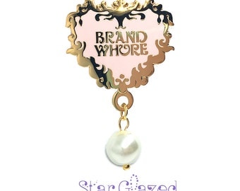 SALE Brand Whore EGL Lolita Fashion Enamel Pinback Lapel Pin with Drop Pearl or Rhinestone Star Glazed Otome