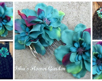 Teal, Turquoise and Purple Delphinium hair flower clip, realistic, single bloom or comb
