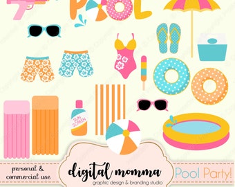 Pool Party Clipart Set, Pool Essentials, Beach Clipart, Summer Fun Clipart, .PNG, Instant Download!