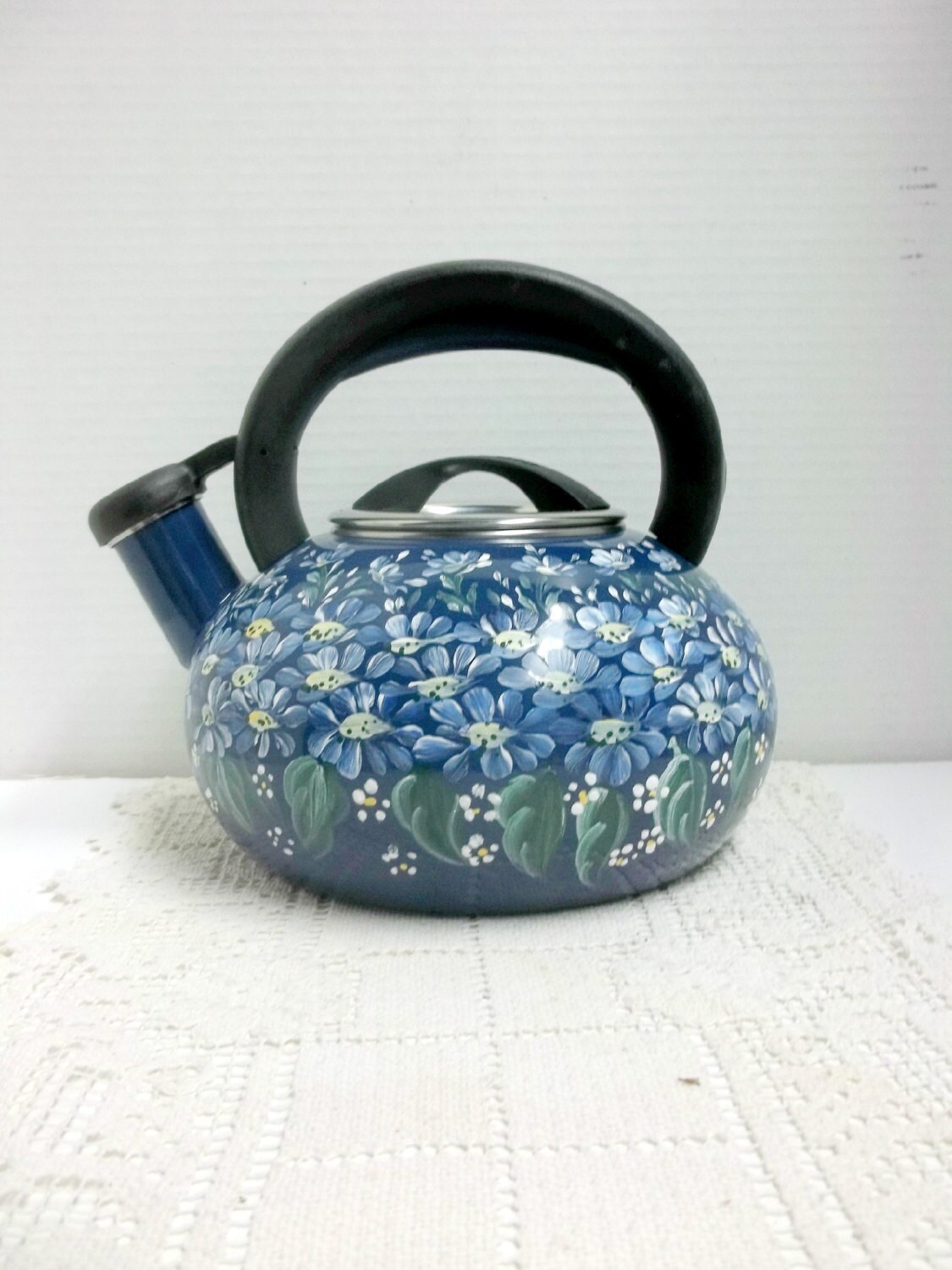 Tea Kettle Navy Blue Enamel Hand Painted Scandinavian Design