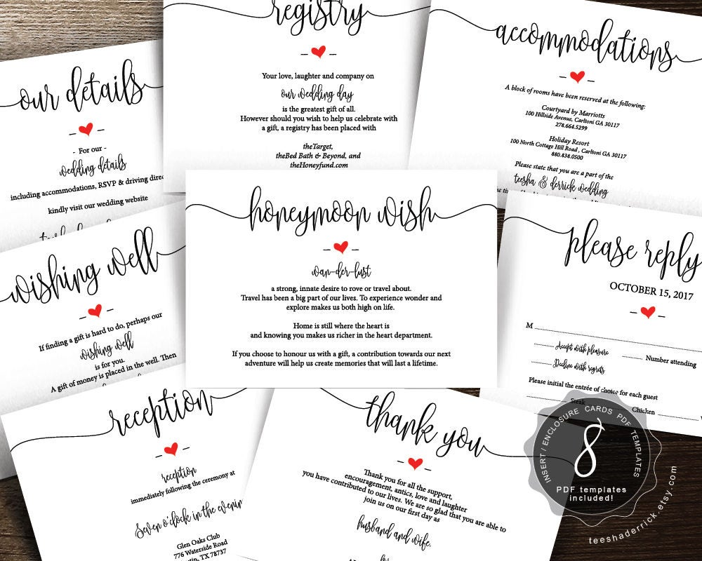 Wedding Insert cards PDF template Instant download