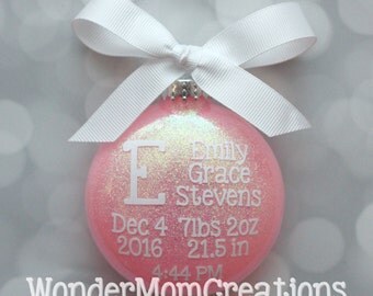 Baby Girl Birth Statistic Ornament; Baby Girl Birth Stats Christmas Ornament; Baby Girl Monogram Personalized Christmas Ornament; Team Pink