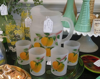 Vintage Hazel Atlas Frosted Hand Painted Peaches Juice Glasses + Pitcher!