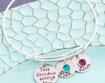 FREE SHIP • Grandma Bracelet Mom Bangle Bracelet • Grandma Birthday Gift Silver Adjustable Bracelet • Birthstone Crystal Grandchildren Gift