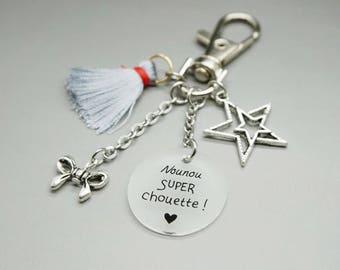 porte clé liberty cabochon "Nounou super chouette" étoile noeud personnalisable