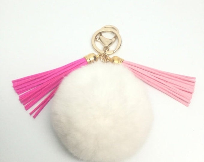 Fur pom pom keychain bag, purse pendant charm in crisp white with two 3.5 inch leather tassels