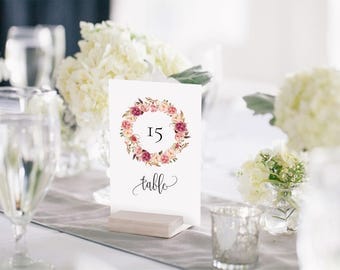 Wedding Table Number Template, Printable Wedding Table Number Card, Head Table Card, Pink Rose Rustic Boho DIY PDF Instant Download #102