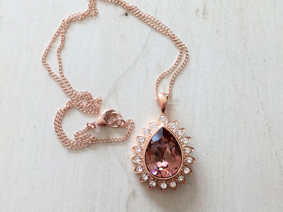 Blush Rose Crystal Halo Pendant Necklace, Rose Gold