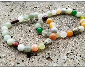 8mm Buddha lucky jade prosperity bracelet. Flower jade bracelet with pyrite. Men's and women's mala bracelet. Success good fortune bracelet.