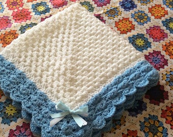 Crochet baby blanket afghan white christening baptism gift satin ribbon baby shower gift