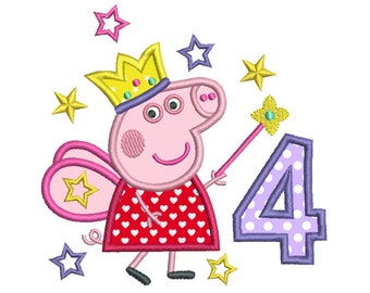 Girl's 4th Birthday Applique Machine Embroidery Design, Peppa Fairy Pig Fourth Birthday, Number 4 Applique, Instant Download, No: SA510-15