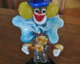 Vintage Murano glass clown 7.5" tall with blue bow tie & Top Hat
