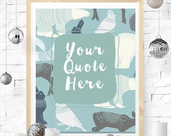 woodland animals winter wall art custom quote printable blue and white nursery decor deer bear rabbit snow instant download