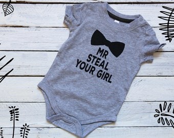 Mr steal your girl Funny baby boy clothes Mr steal your girl baby romper Baby boy cute clothes baby shower gift Bow tie baby boy onesie gift