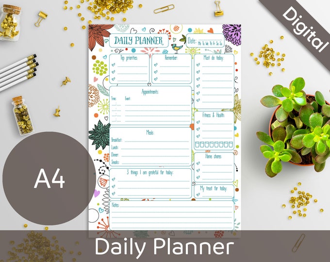 A4 Daily Planner Printable, Printable Daily Schedule, Daily Refill, Syasia Cute Floral Day Organizer, DIY Planner Pages PDF Instant Download