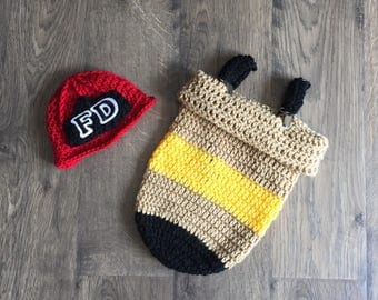 Fireman Photo Prop Hat, Cocoon and Suspenders Set Handmade Crocheted
