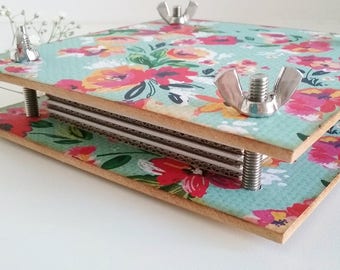 Flower press with bright festival flowers, 6 inch plant press, botanical flower pressings, handmade pressed floral craft supplies