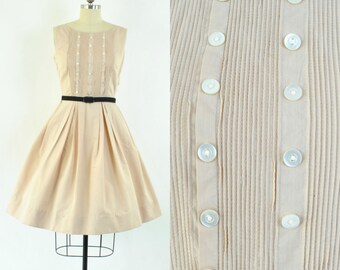 Vintage 1950's day dress sz S "Betty Barclay" / Vintage 50's cotton dress / biscotti beige pintuck bodice with pretty button detail