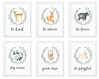Woodland Nursery Prints // Be Brave Be Kind // Woodland Nursery // Baby Shower // Raccoon, Fox, Owl, Deer // Woodland Wall Art Watercolor