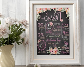 Boho Birthday Chalkboard Poster - Baby Girl Birthday - First Birthday - 1st birthday - Rustic Rose Quartz Farmhouse Floral- Digital File
