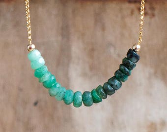 Raw Emerald Necklace, May Birthstone, Emerald Crystal Row Necklace, Silver Gold Emerald Jewellery, Emerald Ombre Green Layering Necklace