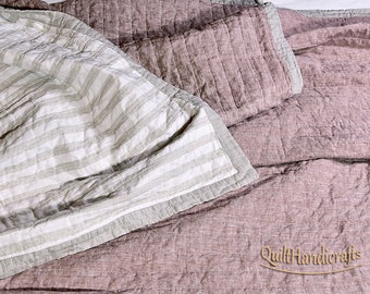 Flax King size quilts Double sided quilt brownish-ruby linen Flax quilted bedspread linen quilt Natural linen Bedspread King size