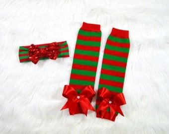 Christmas Leg Warmer Set-Christmas Headband-Leg Warmers-Stripe Leg Warmers- Leg Warmer Set