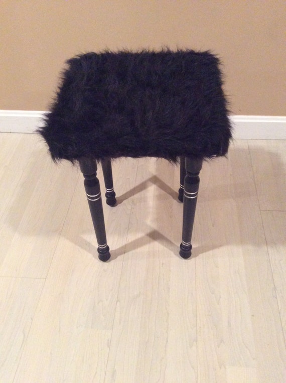 Black Vanity Stool with black faux fur seat and with silver