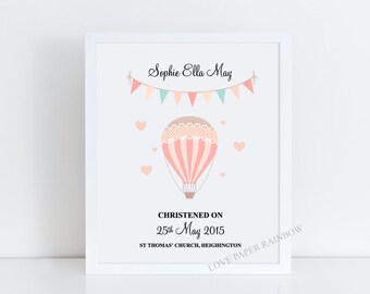 Personalised christening gift, christening print, girls christening gift, hot air balloon christening, goddaughter gift, custom christening