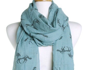 Teal Wild Horses Scarf / Autumn Scarf / Ladies Women Scarves / Wrap Cover Up / Gifts For Her / Cute Ponies Pony Lover / Christmas Present