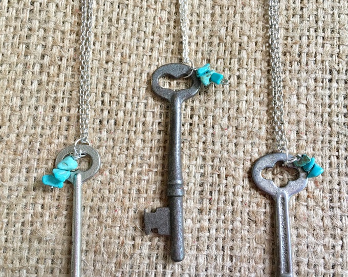 Key Necklace, Silver Key Necklace, Skeleton Key Jewelry, Vintage Key Necklace, Turquoise Necklace, Real Key Necklace, Retro Key Necklace