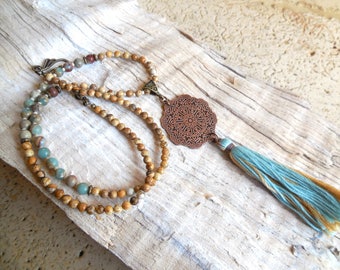 Necklace Mala, meditation, mandala, copper, gemstone, fine, Jasper stone, serpentine