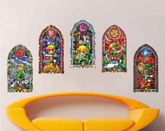 All 5 Zelda Stained Glass Wall Decal Sticker Video Games Windmaker Wall Decals Sticker Kids Bedroom Decal Designs Zelda Mural Stickers, s75