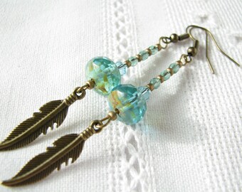 Aqua earrings Mom Gift for her Blue Czech Glass Earrings Feather earrings Bronze earrings Long earrings Dangle earrings Turquoise Earrings