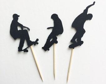 12pc Skateboarder silhouette cupcake toppers, Skateboard silhouette cupcake toppers, skateboarders skateboards cupcake toppers food picks