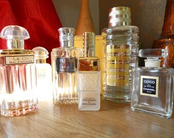 6 Vintage Perfume Bottles. Molinard Lalique/Dior/Coco Chanel/Carven/Hermes/Balenciaga. Collectors.