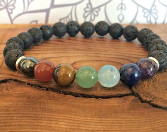 7 Chakra Bracelet with Volcanic Lava, Healing Wrist Mala Beads, Zen Yoga Bracelet, Unisex Spiritual Gift, Grounding + Strength + Courage