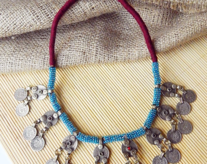 Vintage kuchi necklace, antique necklace, tribal necklace, handmade gypsy necklace, large blue necklace , beaded necklace, afghan necklace