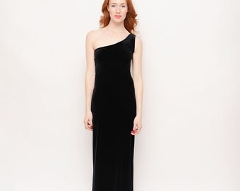 Floor Length 90s Black Velvet Gown - Vintage, One Shoulder, Body Con, Prom, Ball, Formal