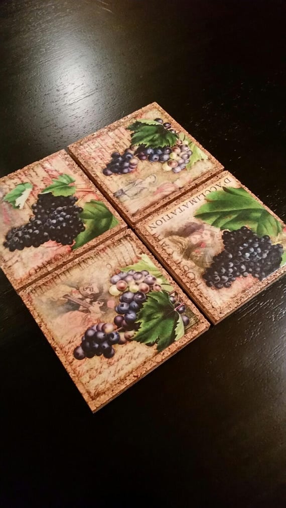 Grape clusters cork & wood coasters set of four vintage