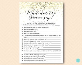 Gold Bridal Shower Games, What did the Groom Say, What did he say about her, Newlywed Game, Bridal Shower Game, Games Download BS472B