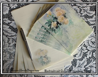 Handmade writing paper and envelopes. Hand made in Australia. Rose envelopes and aged look paper. Letter writing set envelopes and paper.