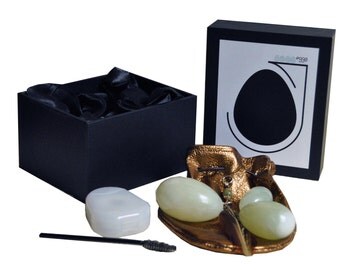 Jade Eggs set of 3 with drill hole in soft leather weightlifting pouch