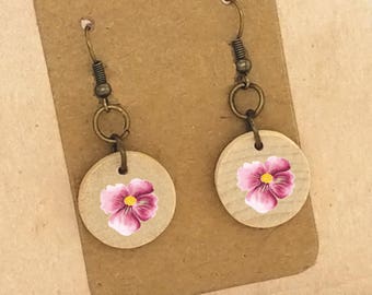 Pink Flower Earrings Pink Watercolor Earrings Pink Flower Wood Earrings Pink Flower Photo Earrings Pierced Earrings Clip On Earrings