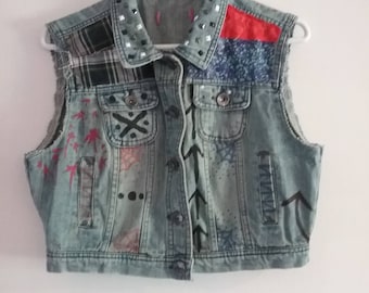 Medium Bloody Colorful Patch Work Denim Punk Vest Jacket