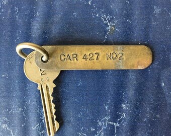 Vintage Brass Key Tag, Train Door Key with Brass Key Fob, Rock Island Railroad Keys, Railroad Collectible, letters and numbers, Vintage Keys