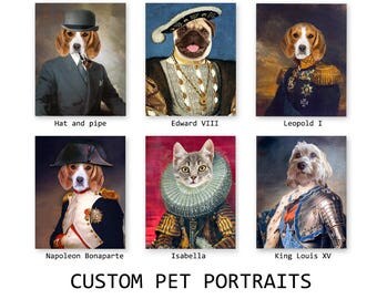 Pet portrait, Personalized Dog portrait, Custom portrait from photo, Gift for pet lovers, King Queen funny pets in clothes, DIGITAL FILE